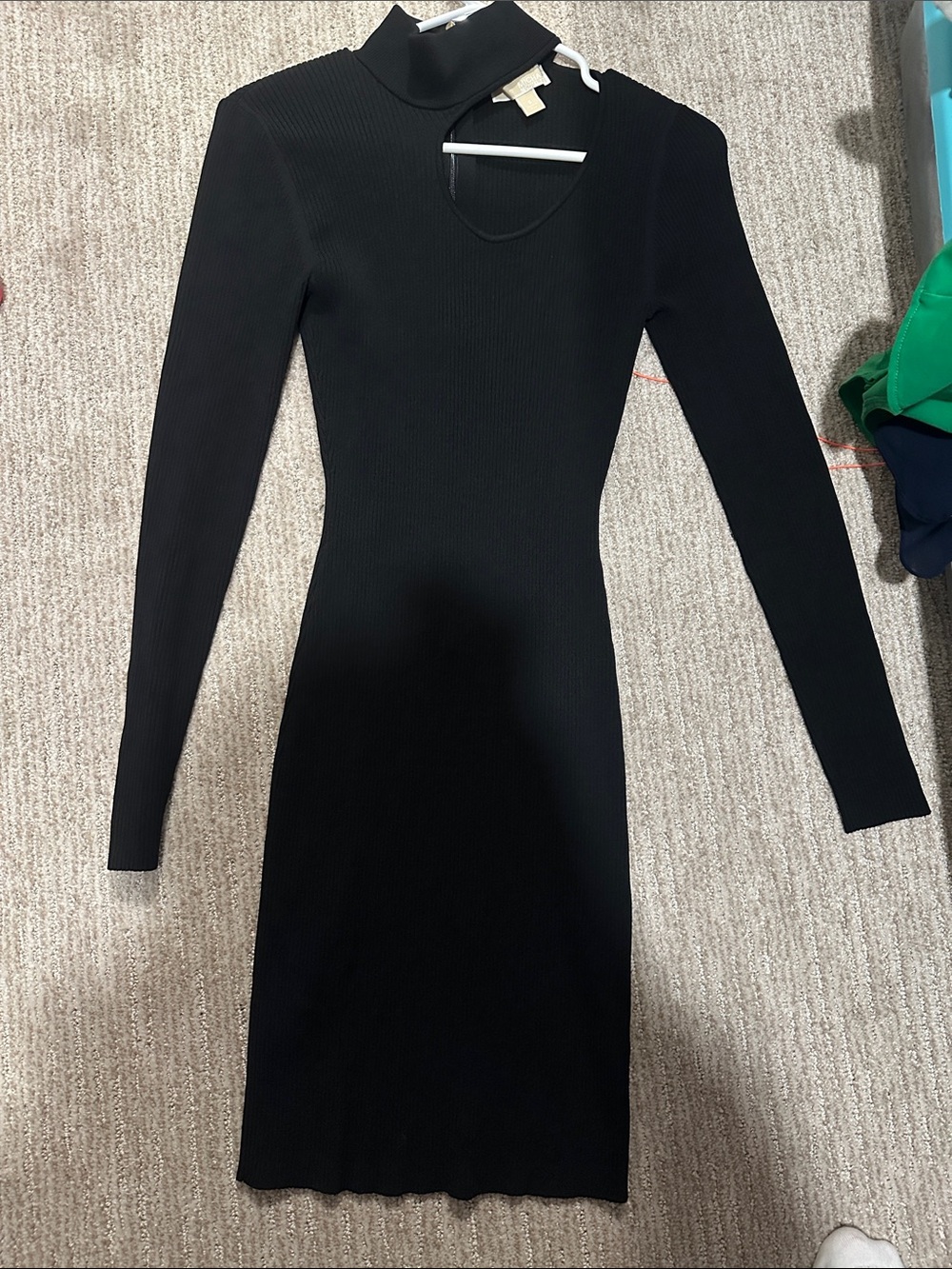 Michael Kors Black Long-Sleeve Ribbed Bodycon Dress with Keyhole Neck